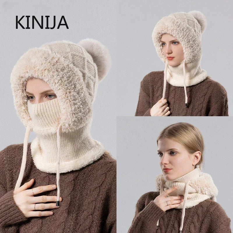 Women Winter Velvet Knitted Woolen Balaclava Hat Ear Protection fluffy Hat Mask Neck Integrated Warmth Cover Hat lady hooded cap