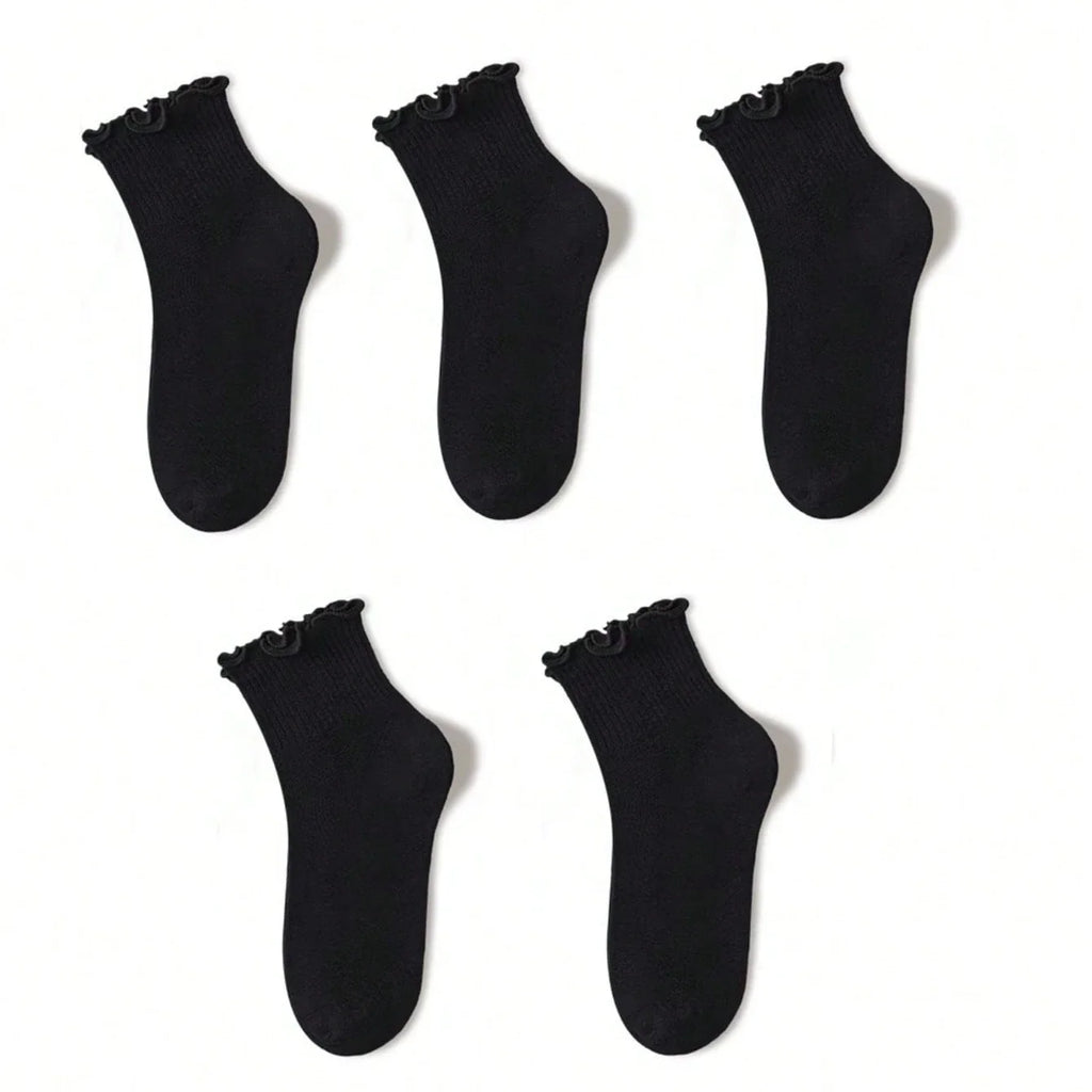 Women's Crew Socks with Ruffles, White and Black, Comfortable, Breathable, Moisture-Absorbing and Sweat-Wicking