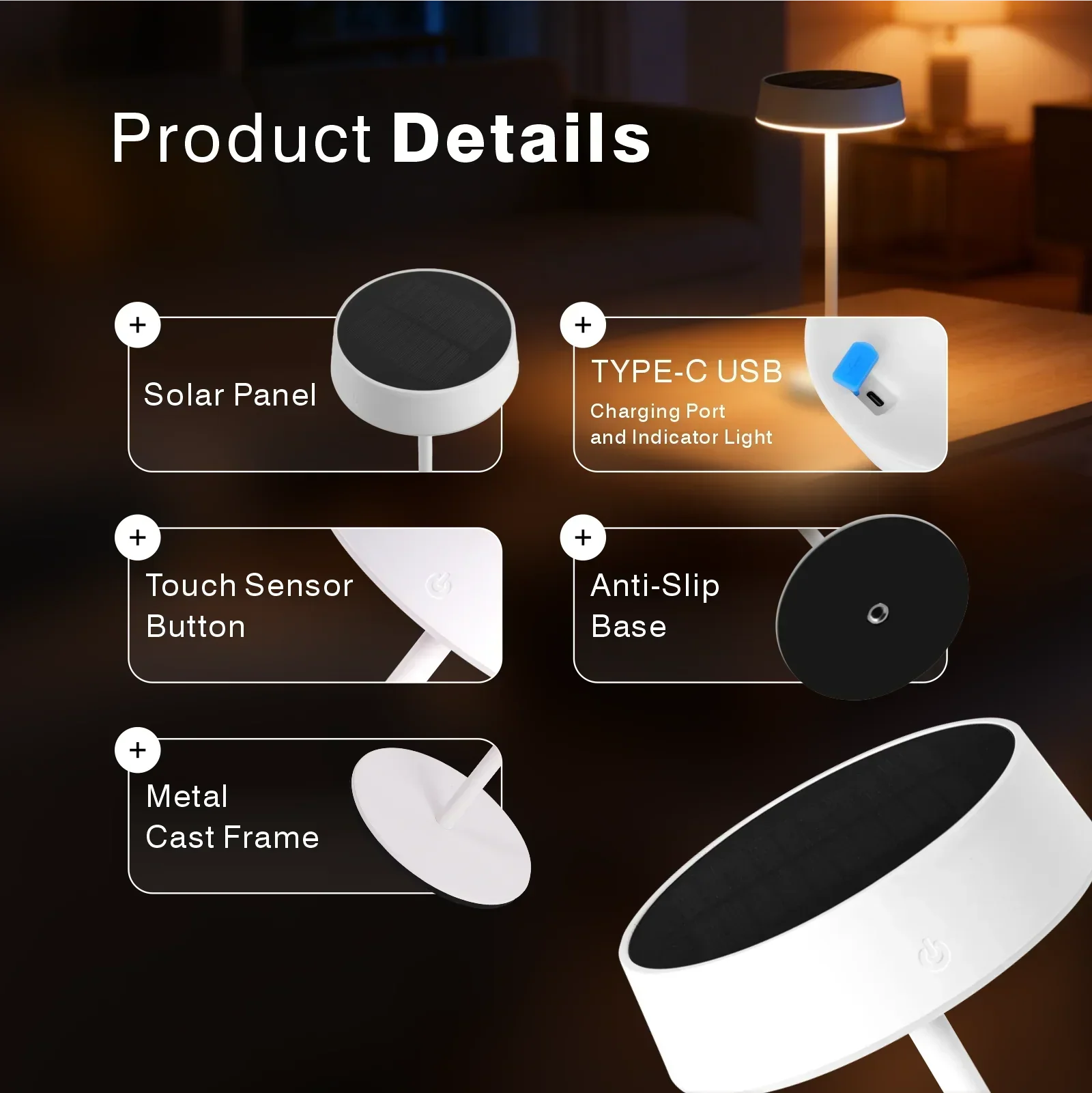 HPH Solar Table Lamp Rechargeable Waterproof Desk Lamp Bedside Lamp for Outdoor Camping Garden Terrace Portable Desk Lamps