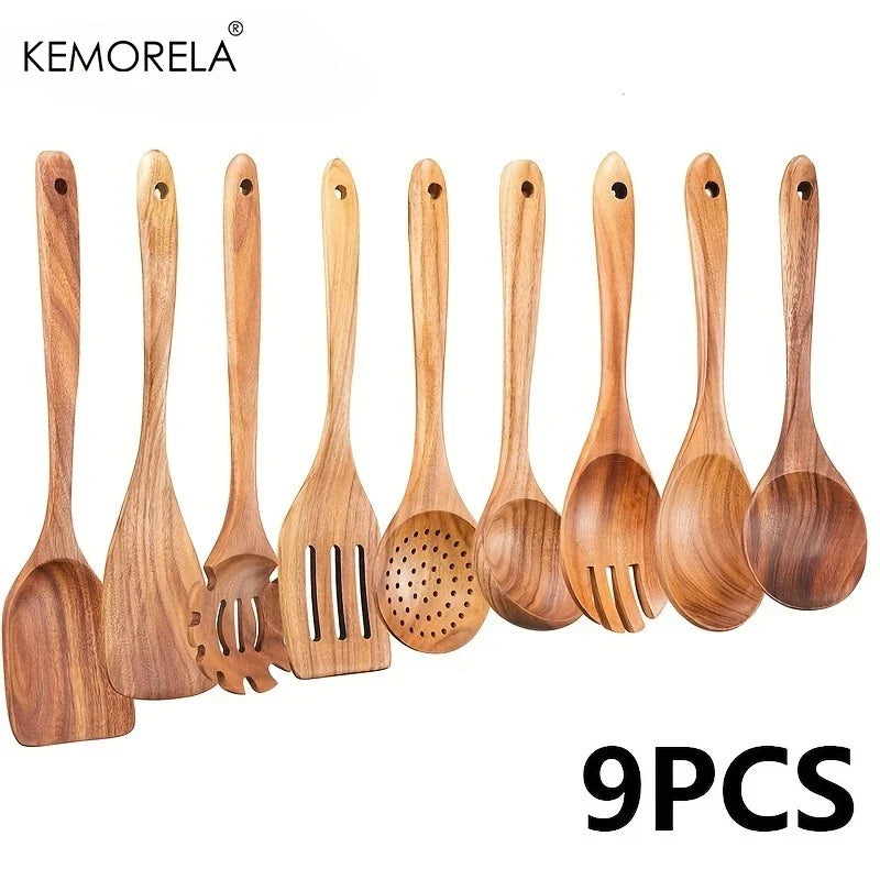9PCS Acacia Wood Kitchen Utensils Set - Natural Wood Cooking Spoons, Spatulas, Noodle , Non-Stick, Durable Wooden Cookware