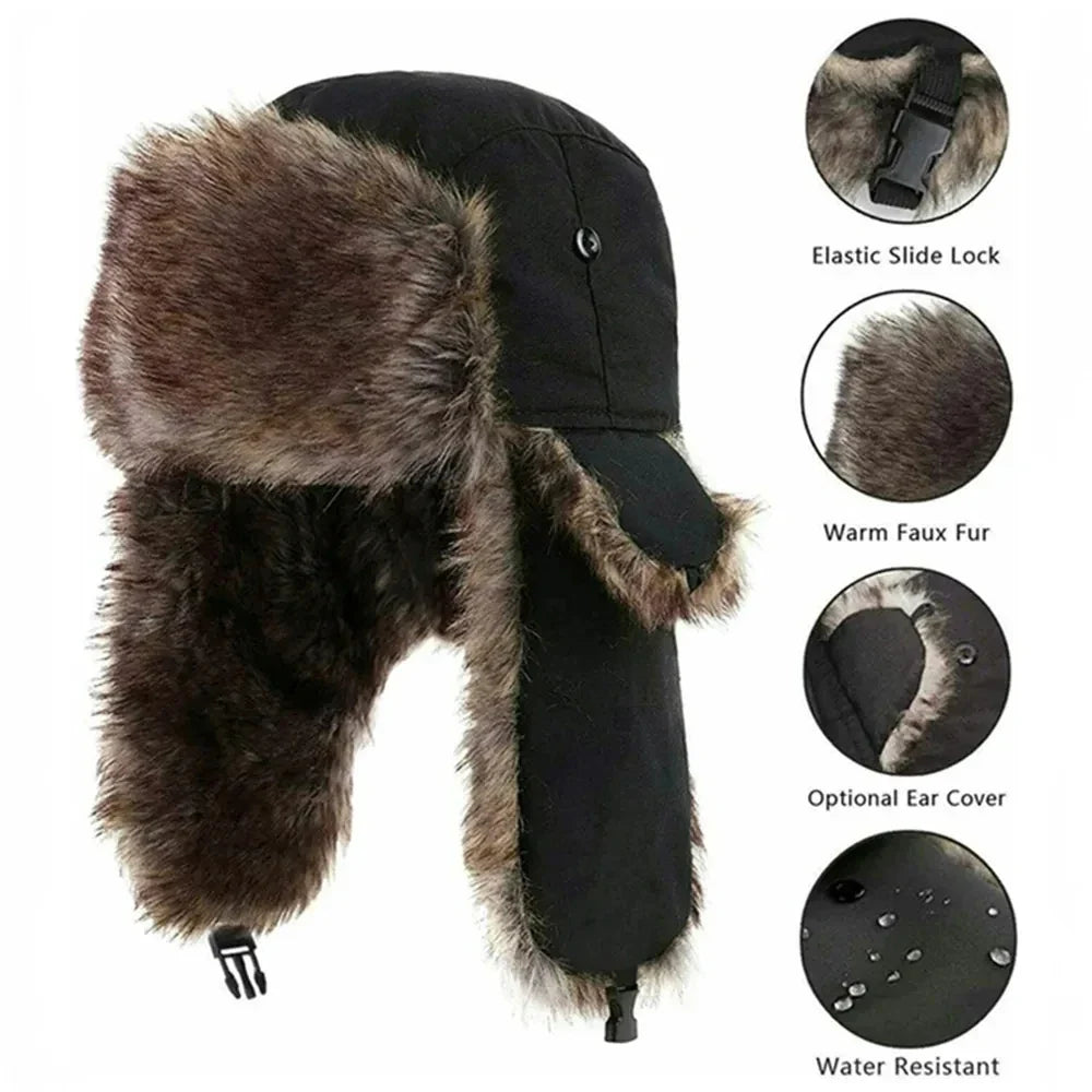 Men's Warm Soldier Hat Winter Pilot Patrolman Earmuffs Polyester Fiber Warm Russian Ski Hat Windproof Cold Pilot Hats
