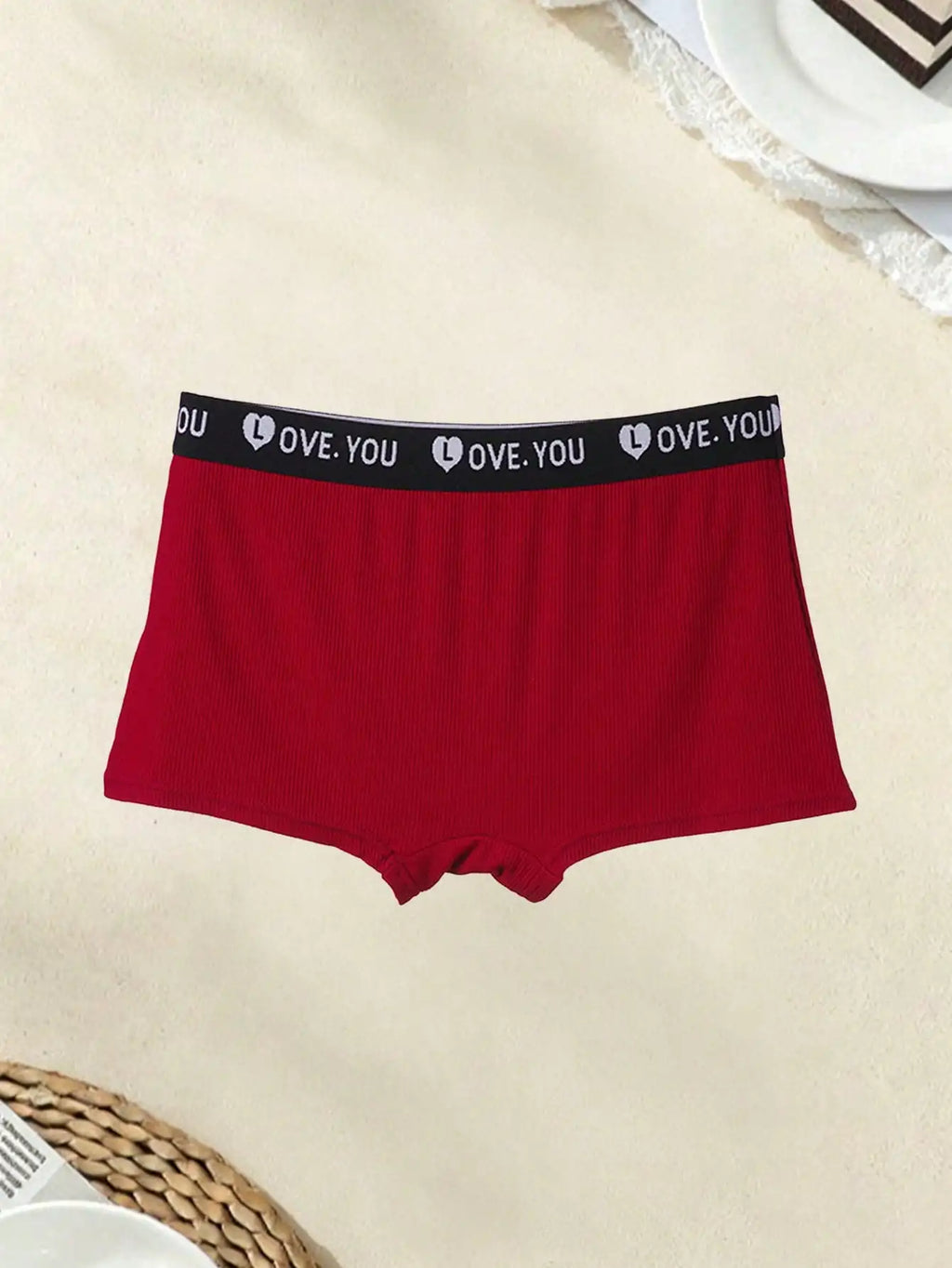 7Pcs Women Solid Ribbed Boxer Briefs, Heart Pattern Soft Breathable Comfort Daily Underwear