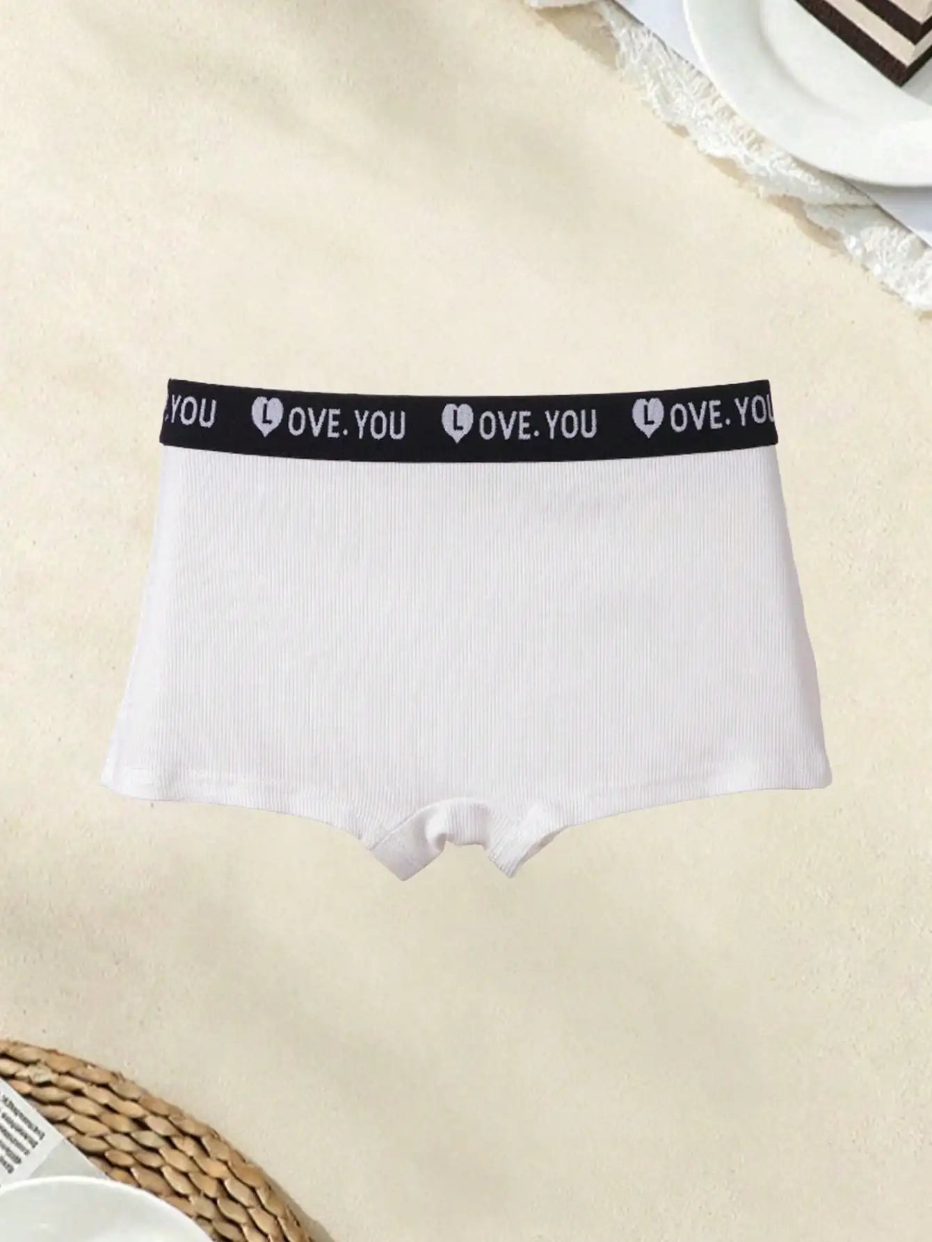 7Pcs Women Solid Ribbed Boxer Briefs, Heart Pattern Soft Breathable Comfort Daily Underwear