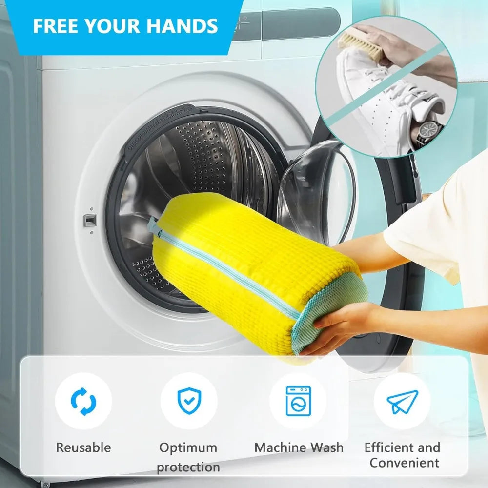 Durable Shoe Washing Machine Bag – Yellow with Blue Zipper, Ideal for Sneakers & Casual Shoes, Laundry Wash Bag for All Shoe Types