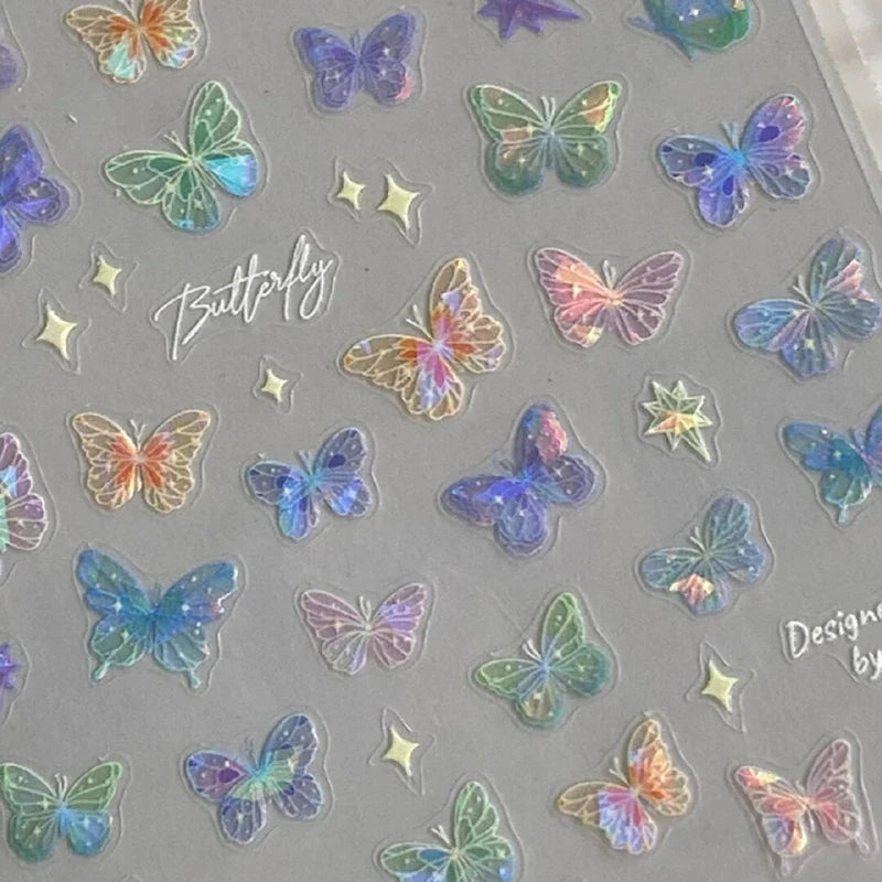 1/5sheets Fashion Butterfly Wing Streamer Laser Stickers Advanced Embossed Nail Art Stickers Colorful Butterfly Fairy Stickers