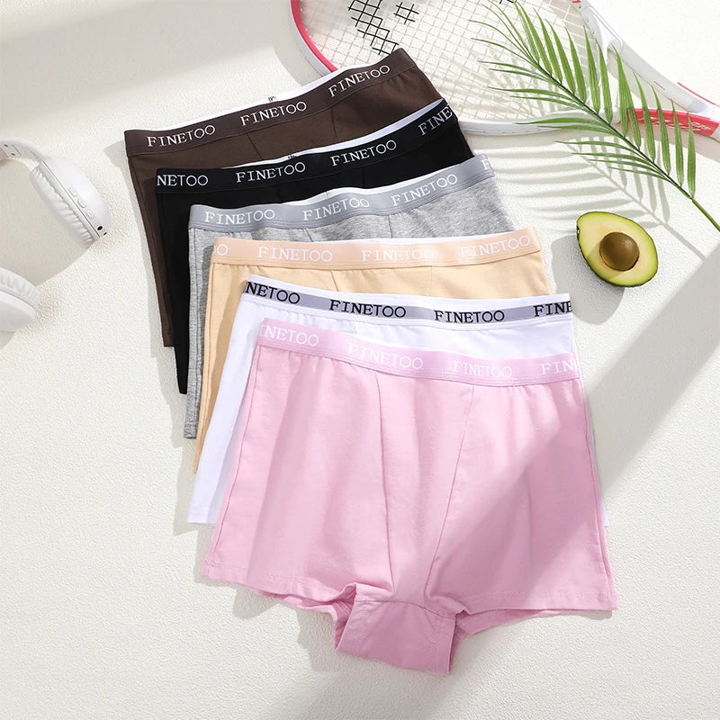 FINETOO 6Pcs Women Cotton Panties Mid Rise Stretch Logo Waistband Boxer Briefs Soft Breathable Solid Color Seamless No Ride Up Underwear for Daily Yoga Workout Leggings Anti Chafe Hip Coverage Short Underpants