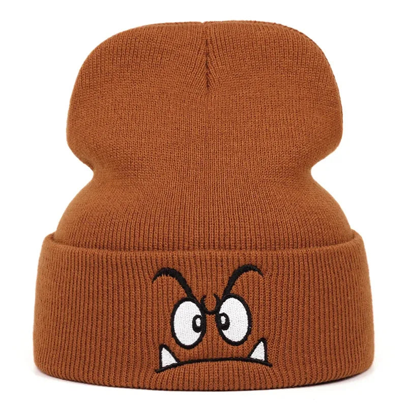 Angry expression embroidered knitted hat, warm woolen hat for men's and women'soutdoor sports events in autumn and winter