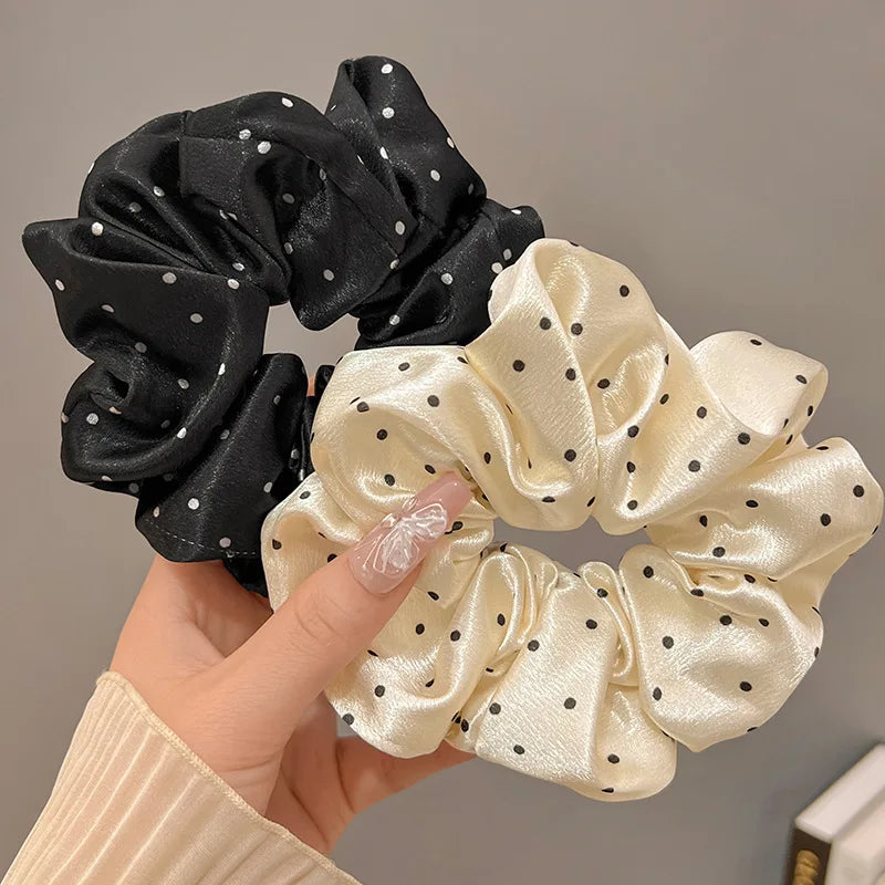1/3PCS Polka Dot Satin Scrunchies – Large Ruffled Hair Bands for Women, Black & White Elegant Hair Ties