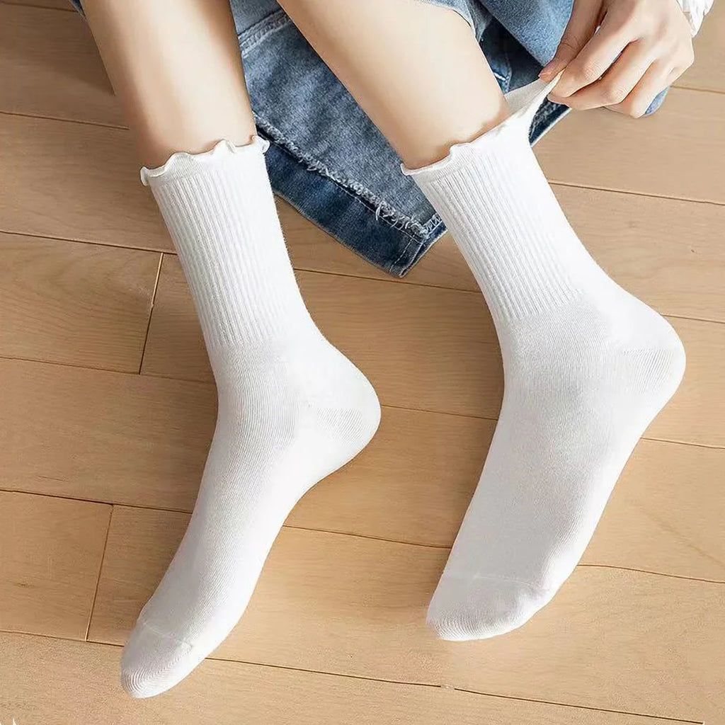 1/5 Pairs Women Ruffle Frilly Socks Black White Novelty Funny Ankle Socks Cute Solid Breathable Fashion Crew Socks