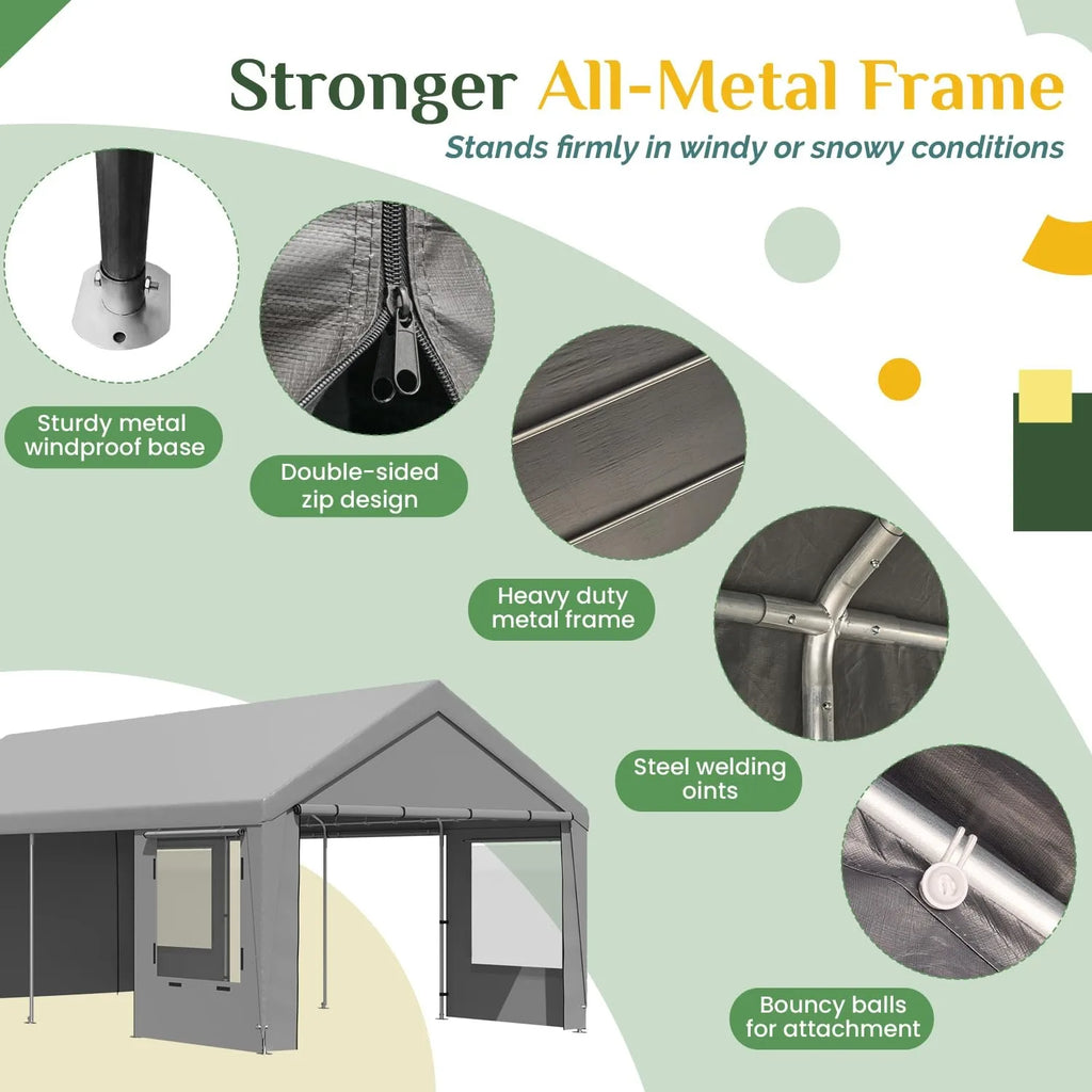 Heavy Duty Carport,Roll-Up Windows,Removable Sidewalls,Portable Garage & Car Canopy,12'x24', Custom