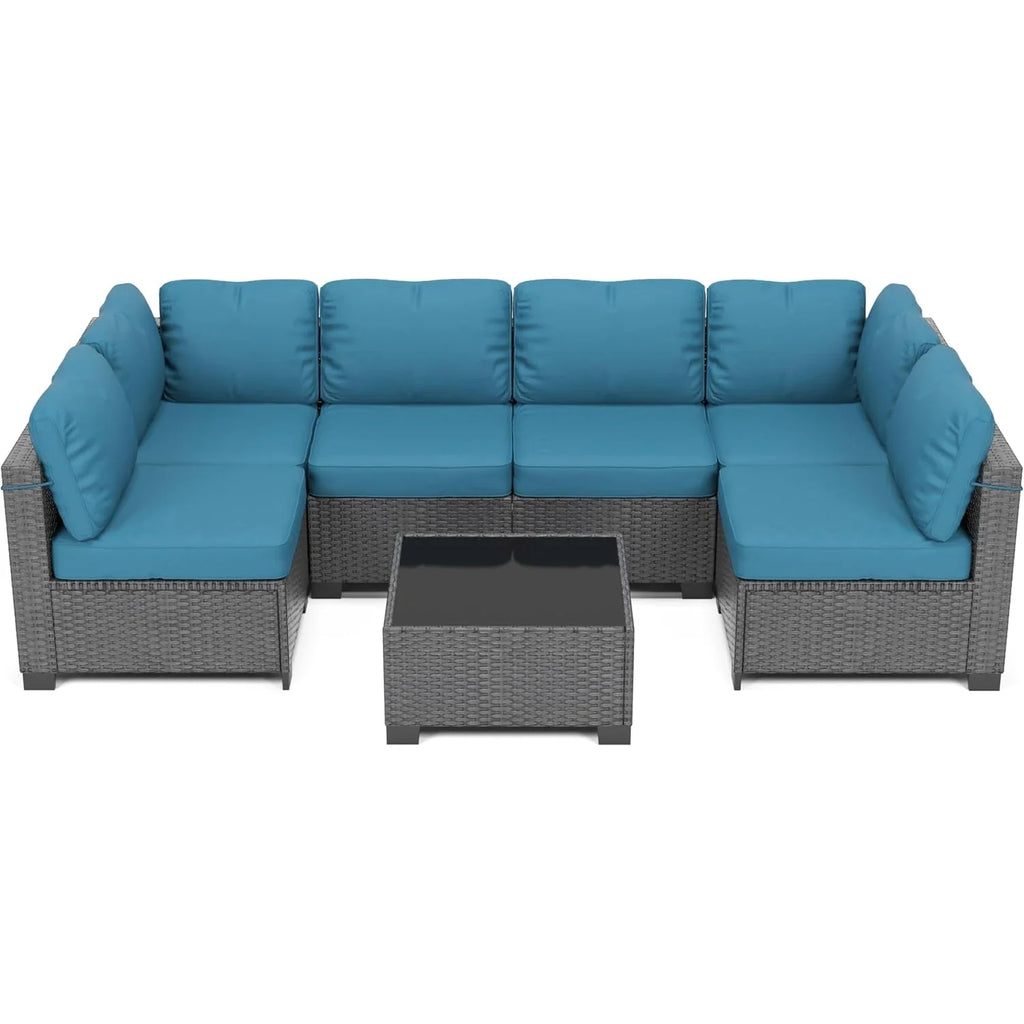 7-Piece Modular Outdoor Furniture Set, PE Rattan Wicker Sectional Modular Conversation Sofa Set, Perfect For Garden Balcony