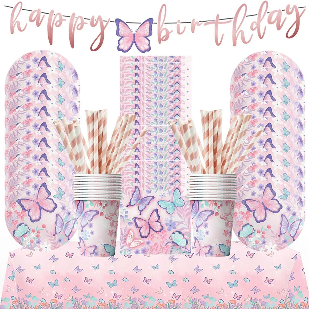 Butterfly Fairy Birthday Party Tableware Set – Pink Disposable Plates, Cups, Napkins & Tablecloth | Girls Party Decorations & Supplies