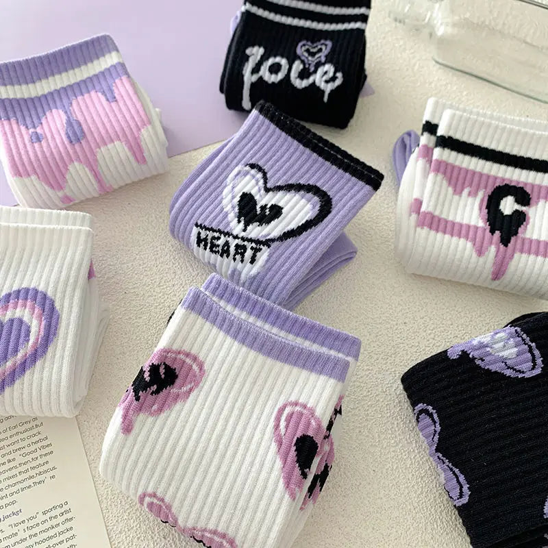 Kawaii Love Print Socks Purple Women Socks Female High Beauty In Spring Summer Fried Street Middle Tube Socks Harajuku Medias