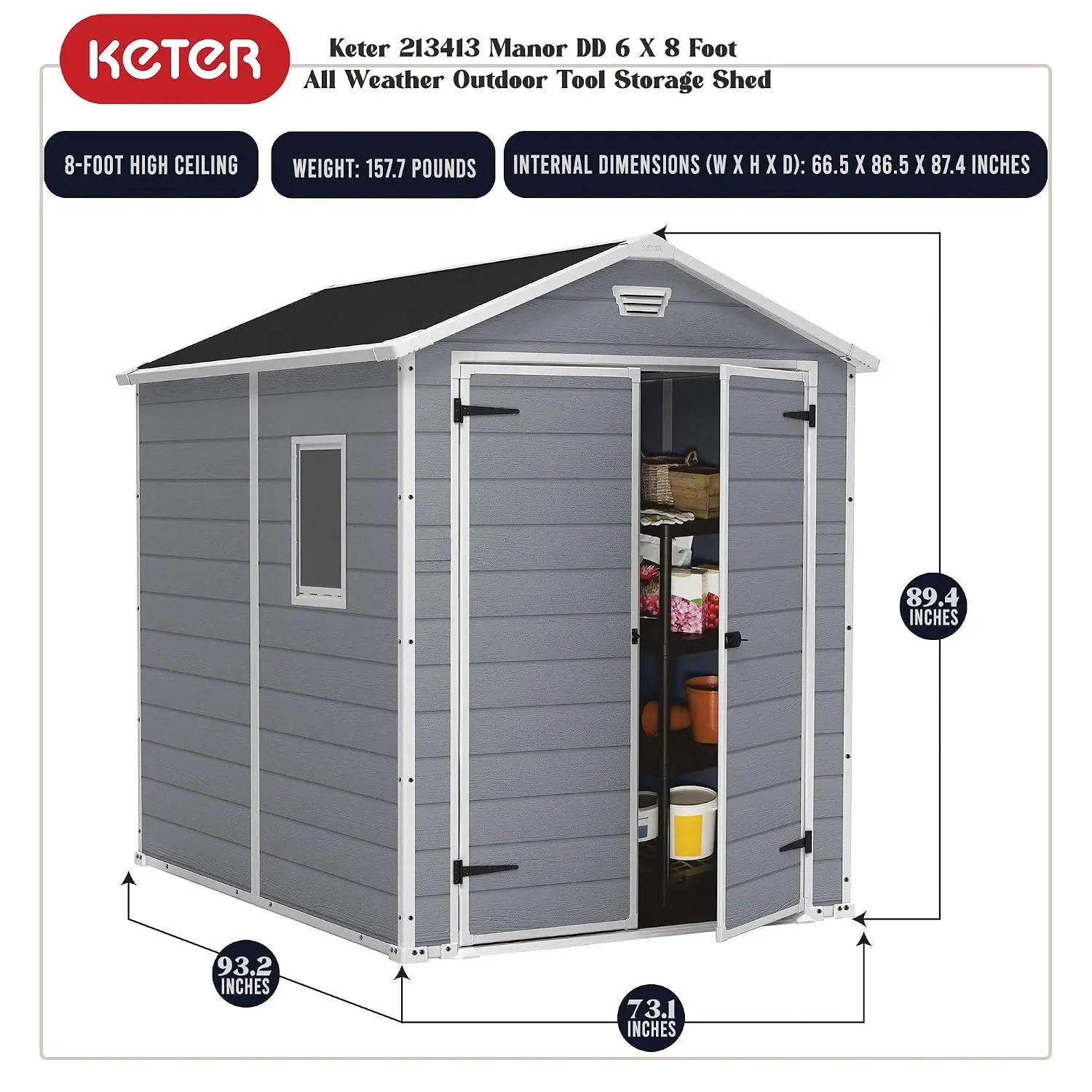 Manor 6x8 Foot All Weather Garden Tool Outdoor Storage Shed with Lockable Double Doors, Fixed Window and Wood-Look, Custom