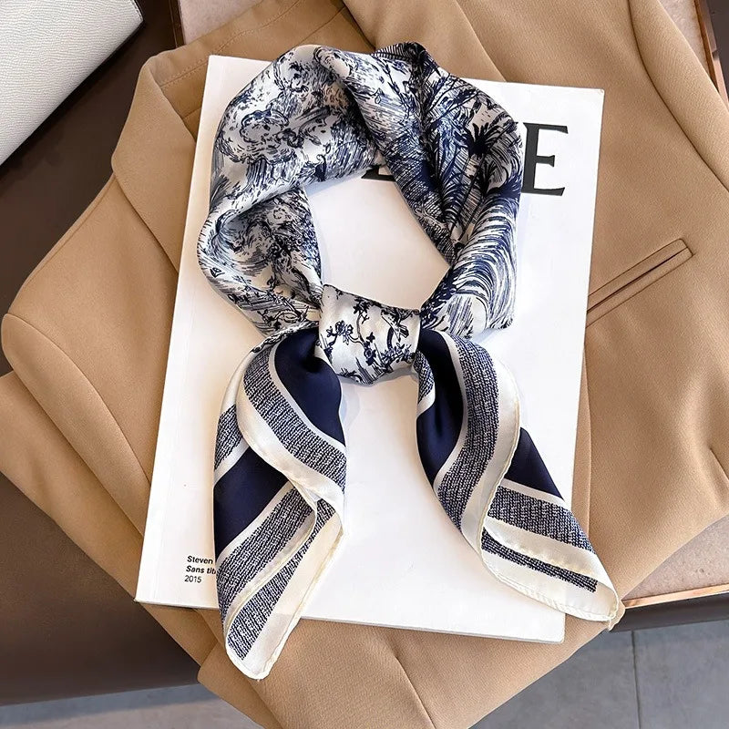 70cm Women’s Plant-Printed Silk Scarf – Elegant Square Headwear, Simulated Silk Neck Scarf for Bag, Hair & Clothing Accessories