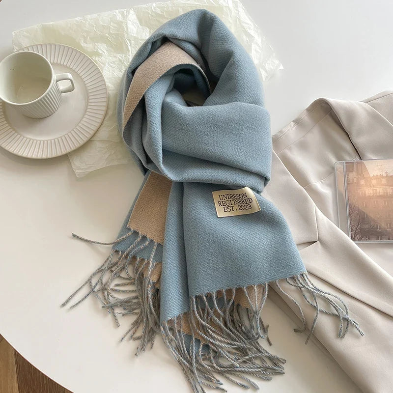 2023 Korean Style Cashmere Winter Scarf for Women – Knitted Double-Sided Solid Color Wrap | Soft Warm Fashion Neckerchief Shawl