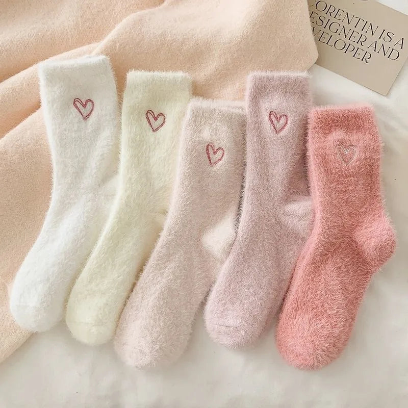 5pairs Soft Bowknot Love Embroidered Socks, Mid-Crew Knit Socks for Women, Cozy Fluffy Socks for Spring Fall Winter