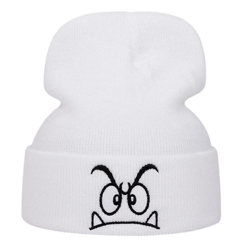 Angry expression embroidered knitted hat, warm woolen hat for men's and women'soutdoor sports events in autumn and winter