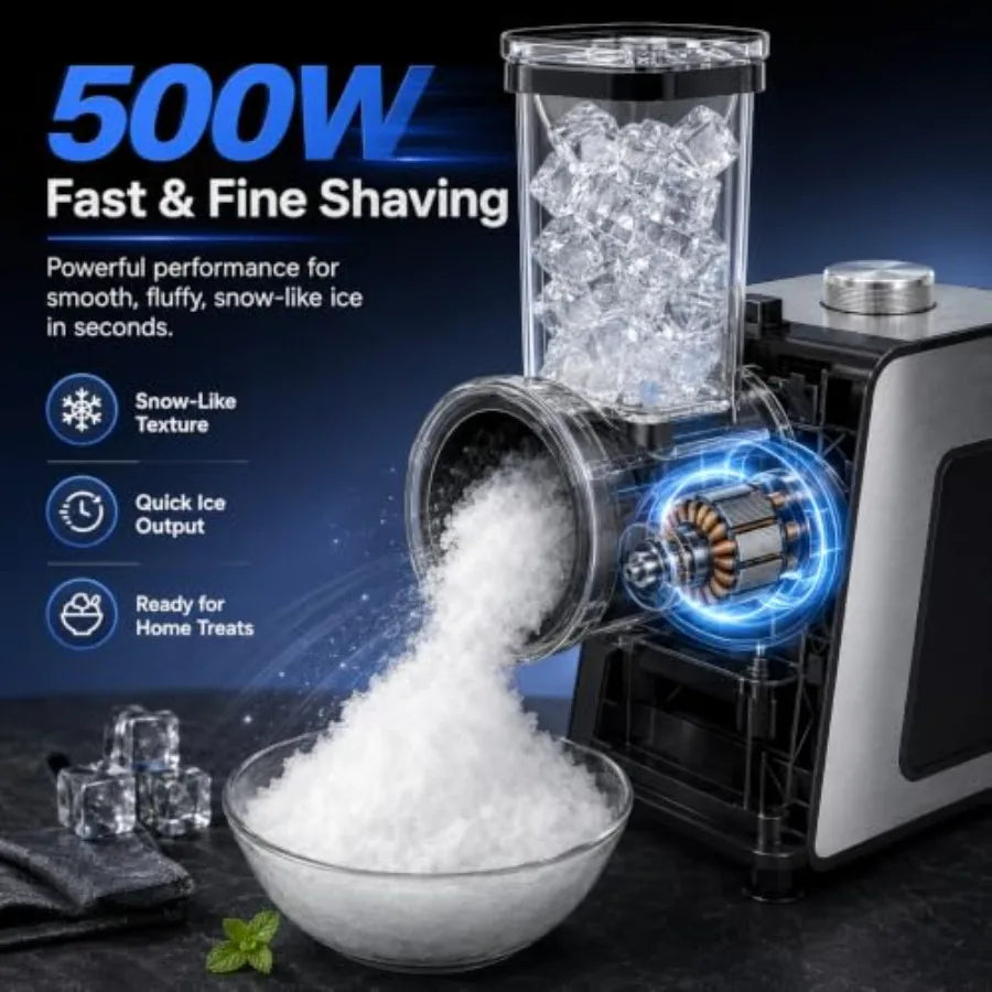 Electric snow cone machine for home, parties and events: stainless steel ice crusher with ice pick and tray, silver finish, pow