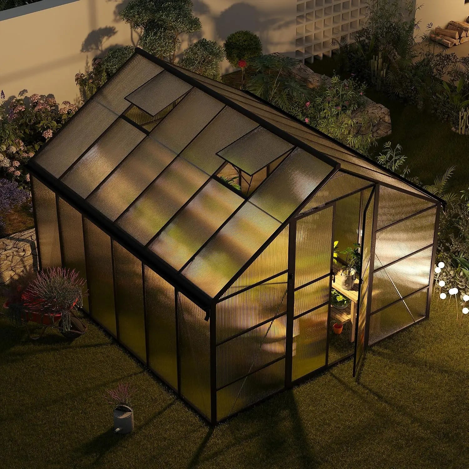 10x12 FT Greenhouse for Outdoors, Polycarbonate Greenhouse with Roof Vent, Enhanced Aluminum Large Walk-in Green, Customized