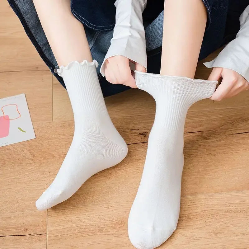 Ruffle Socks Women White Black Frilly Lolita Style Japanese Maiden Cute Kawaii Cotton Harajuku Princess Crew Socks Calcetines