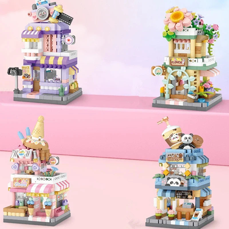 NEW Panda Pet Coffee Ice Cream Flower Shop Store Street View Food House Building Blocks Kit Girls Bricks Model Kids Toy Children