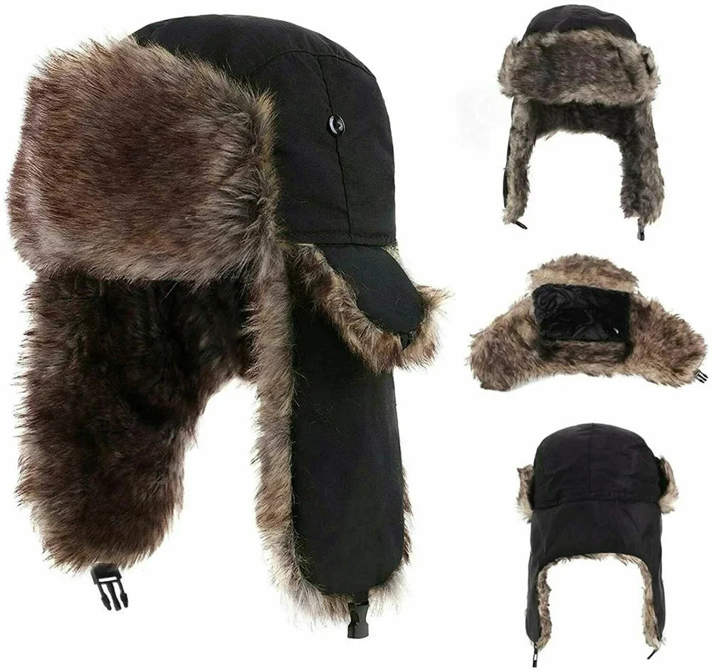 Men's Warm Soldier Hat Winter Pilot Patrolman Earmuffs Polyester Fiber Warm Russian Ski Hat Windproof Cold Pilot Hats