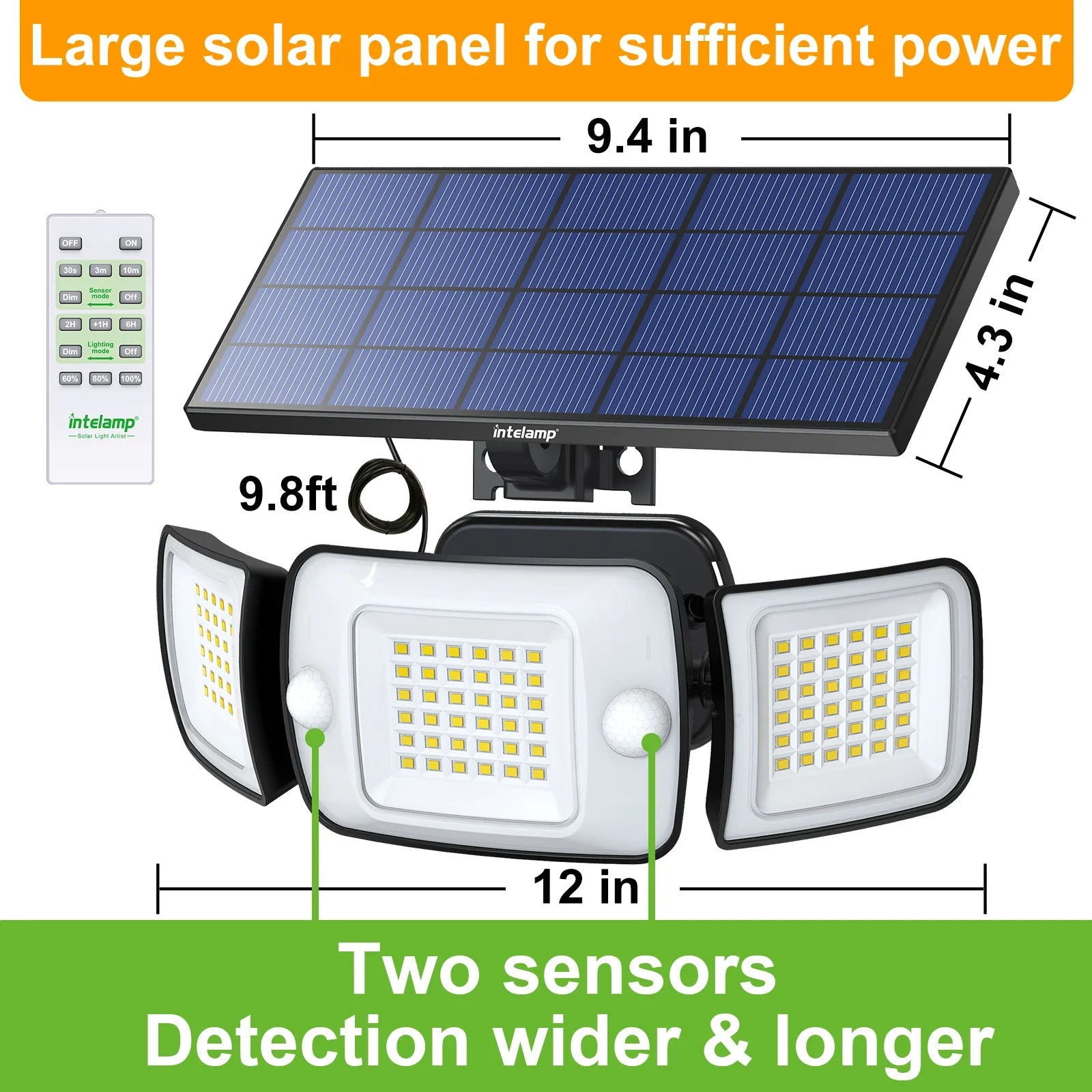 Intelamp Long-Lasting 6000mAh Outdoor Solar LED Light With Large Solar Panel Two Sensors 2.7M Cable Wall Lamp Garden Street