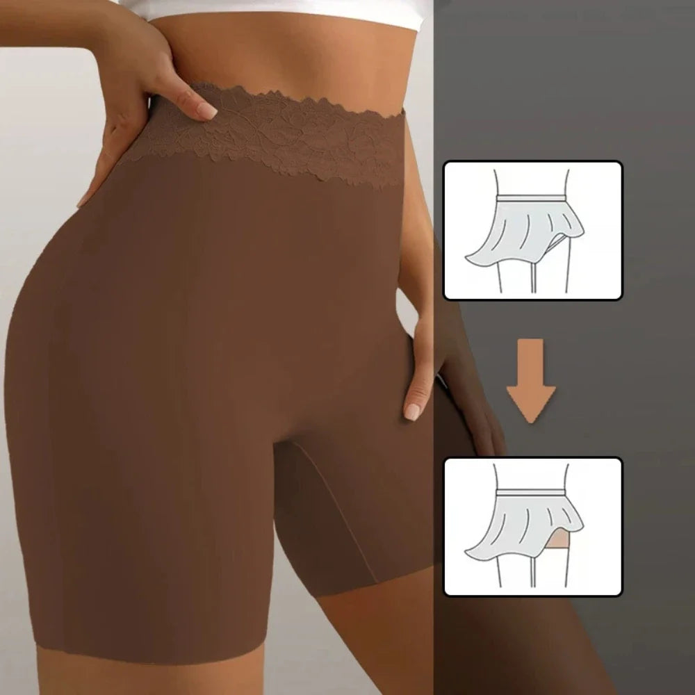 Giczi New Women's Lace Trim Panties Satin Seamless Safety Shorts Anti-Exposure Underwear Tummy Control Shaping Breathable Boxers