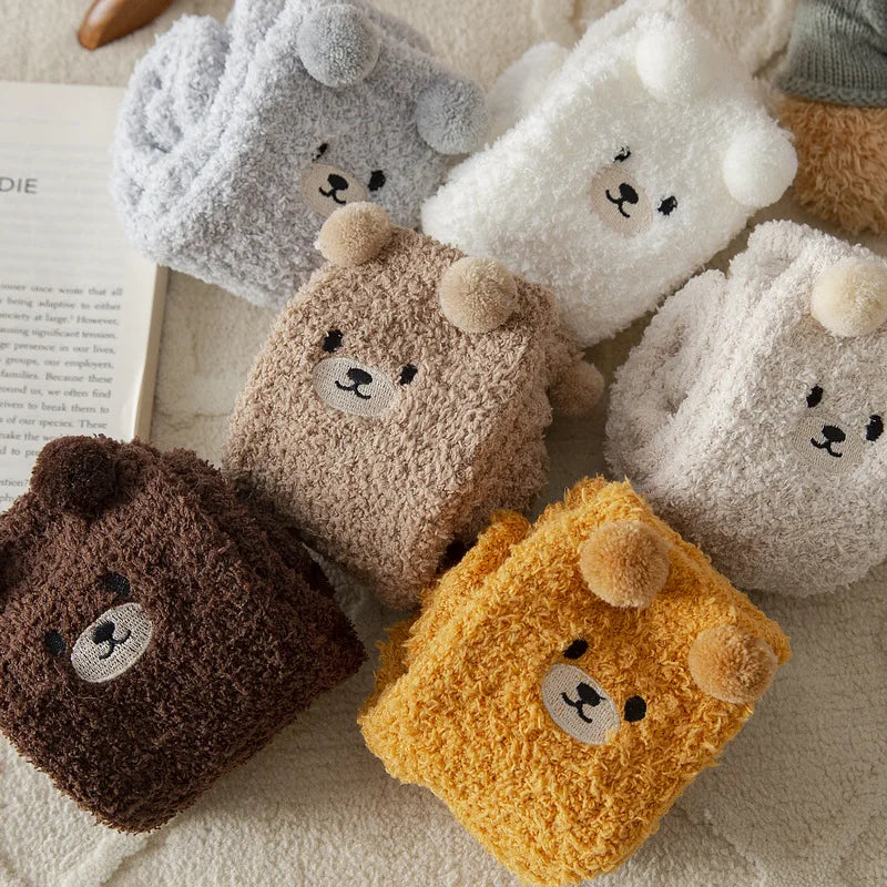 2 Pairs Cute Socks Bear Women Coral Velvet Thick Plush Warm Socks Sleep Fluffy Socks Cute Cartoon Lovely Floor Fuzzy Sock Winter