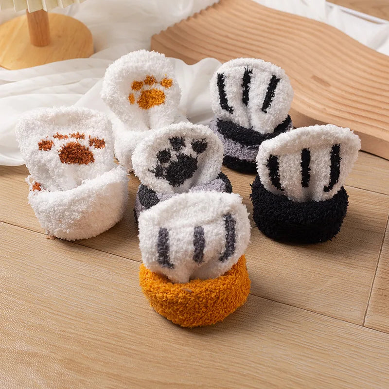 Women Socks Winter Warm Fluffy Socks Cute Animal Claw Cat Paw Footprint Fuzzy Socks Thicken Coral Fleece Home Floor Sleep Socks