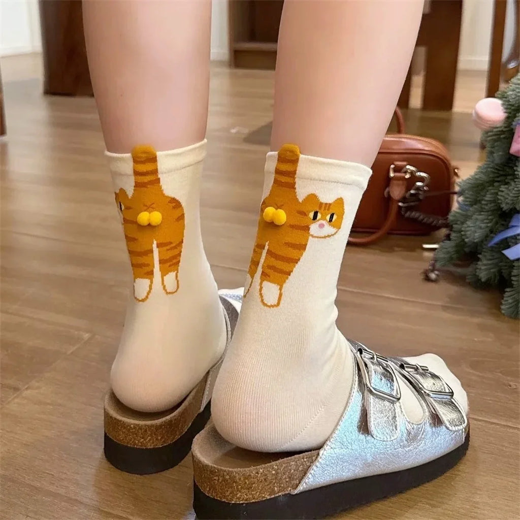 1/2 Pairs Cute Cat Socks with Balls Novelty Funny Animal Crew Cats Socks for Women Men Cats Lovers Gift