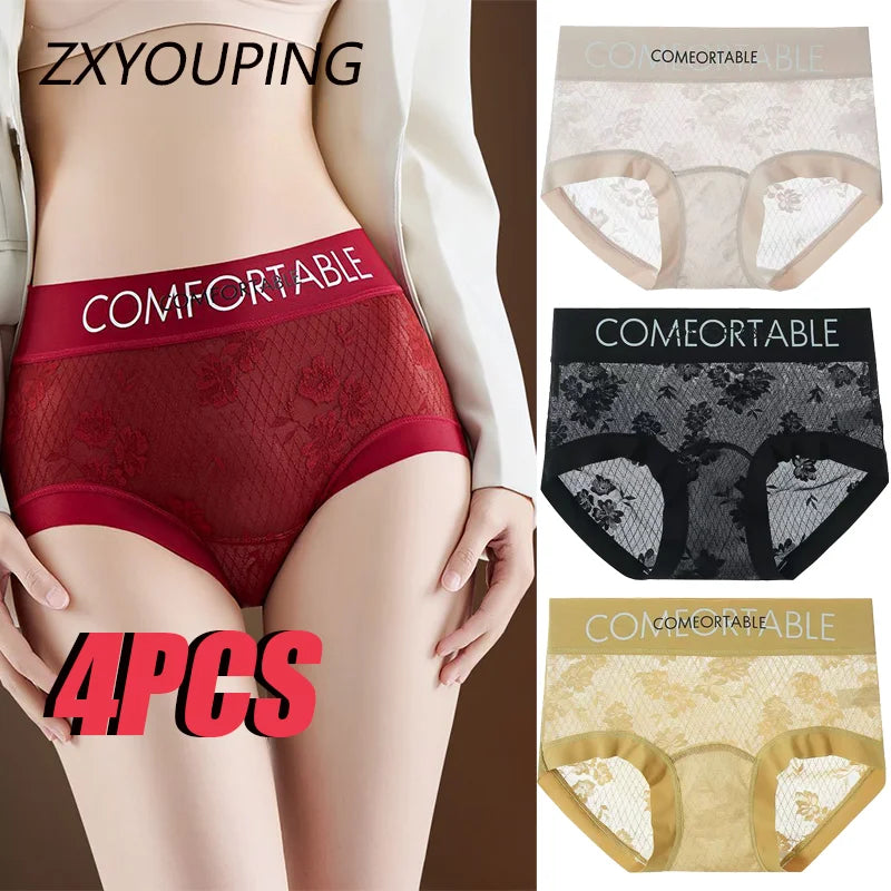 4PCS Women Seamless Panties Transparent Briefs Plus Size Lace Antibacterial Panties