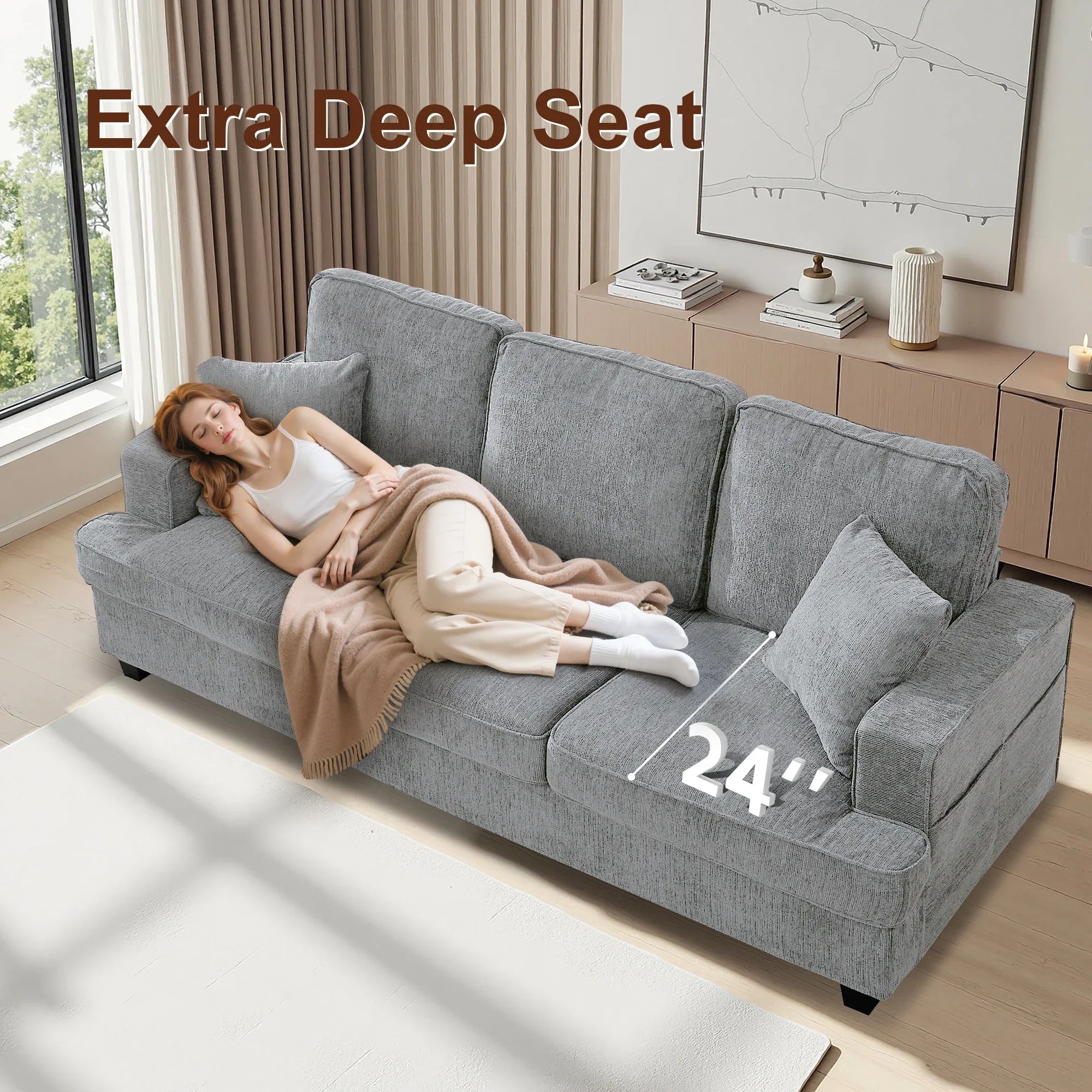 Couches for Living Room, 89 inch Cloud Couch Sofa in Chenile with Extra Comfy Soft Seats, Modern 3 Seater Sofas for Bedroom