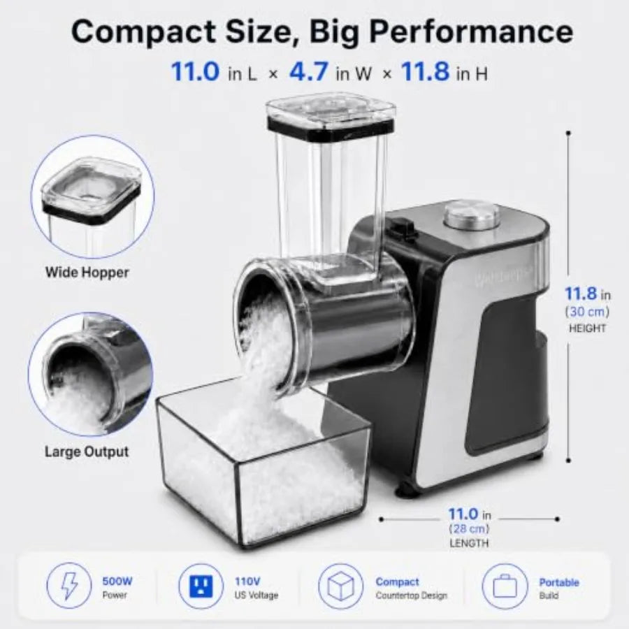 Electric snow cone machine for home, parties and events: stainless steel ice crusher with ice pick and tray, silver finish, pow