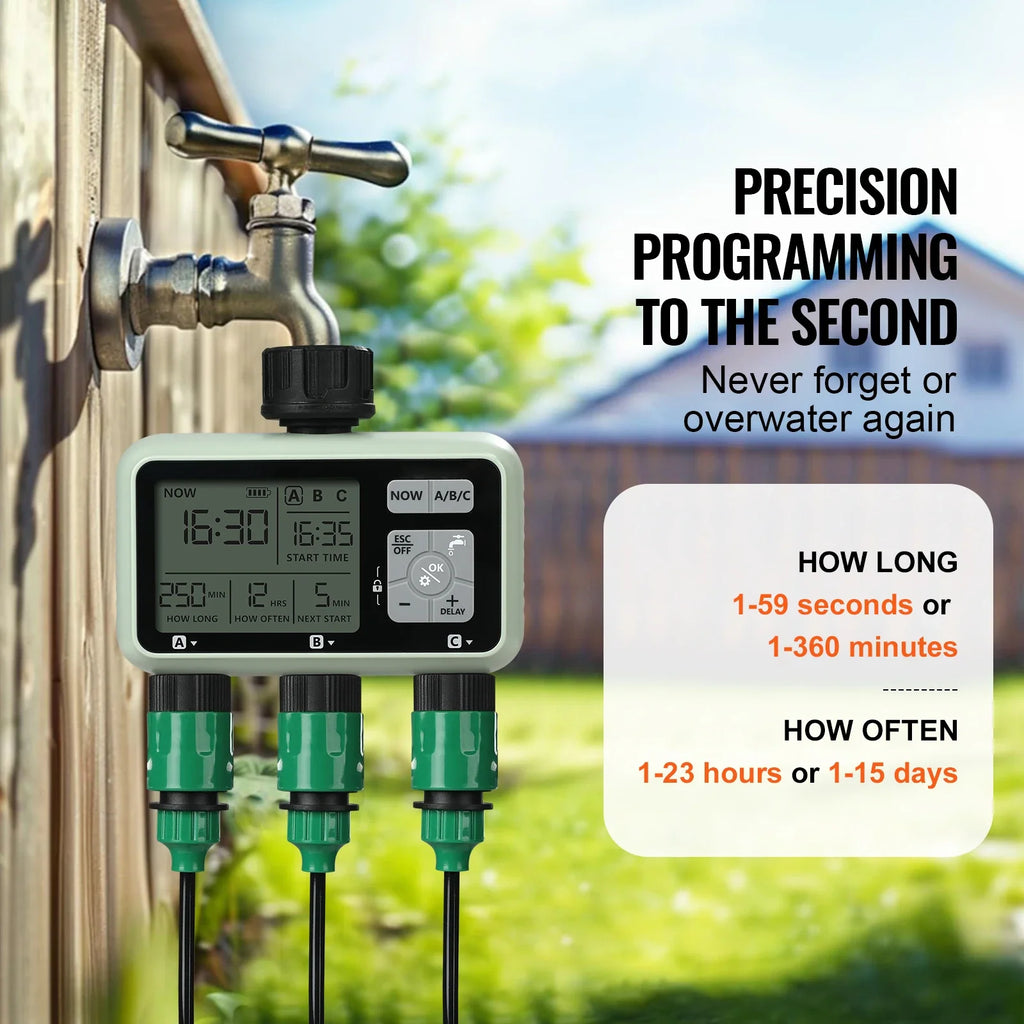 SucceBuy Water Timer 3 Outlets Hose 3 Independent Watering Zone LCD Display Rain Delay Mode Manual Mode Watering Sprinkler Timer