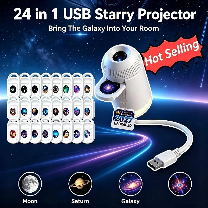 HD 4K Star Galaxy Projector Light 24 In 1 360 Degree Rotatable USB Holographic Night Lamp Eye Friendly Ambient Light For Bedroom