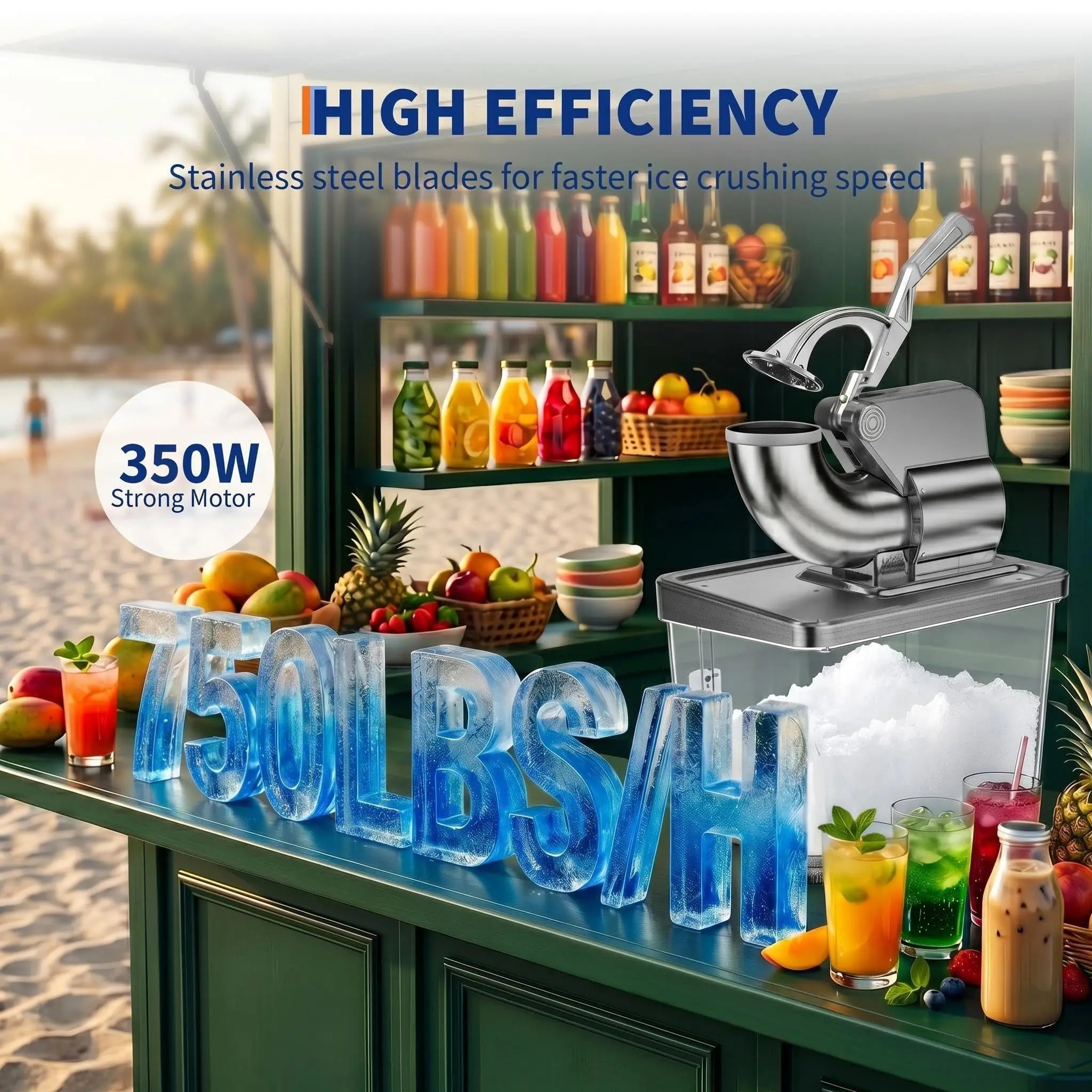 Commercial Ice Crusher Machine with 4 Blades, 2000RPM 750LBS/H Ice Shaver with 2LBS Hopper Capacity, 350W Stainless Steel Snow Cone Machine for Home Use, Bars, Cafes, Parties