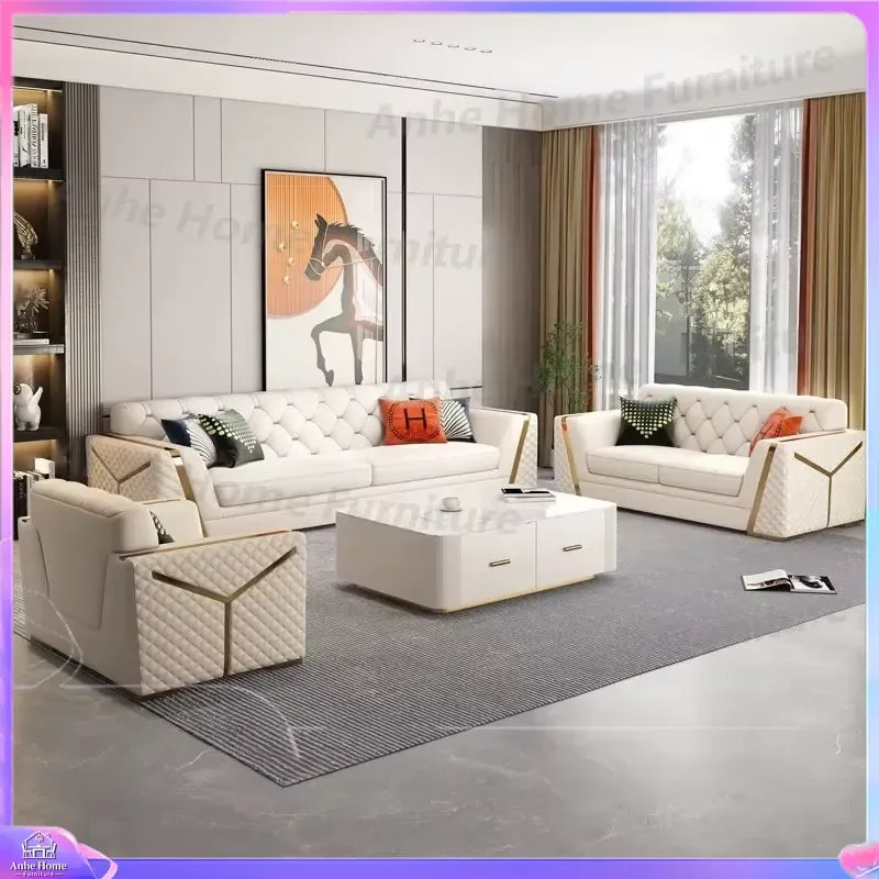 Modern Luxury White Leather Chesterfield Sofa Tufted Couch Living Room Furniture 3 Seater Loveseat Hotel Villa Sponge Filled