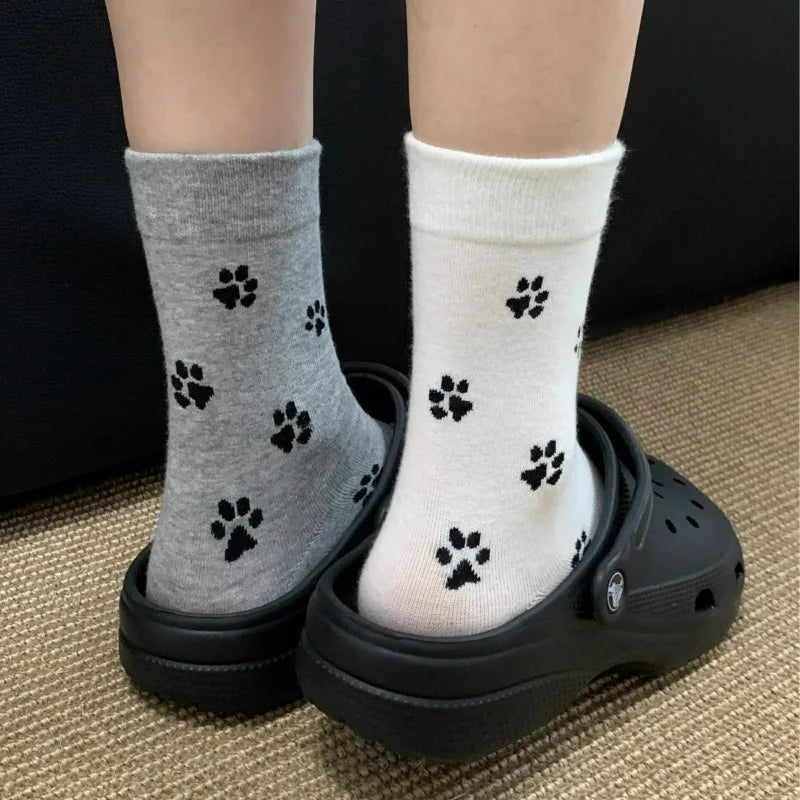 3pairs Cute Dog Claw Printed Women's Cartoon Dog Paw Sock Animal Pattern Soft Sweat Absorbing Breathable Casual Socks for Girls