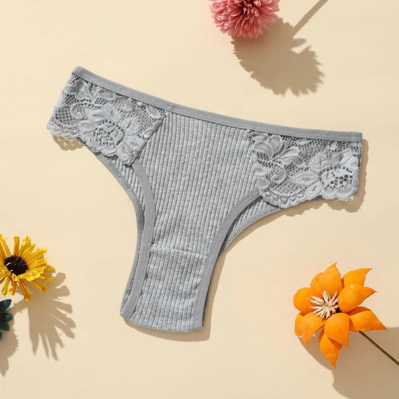5Pcs/Set Women Cotton Panties Floral Lace Side Panel Low Rise Rib Briefs Low Cut Underwear Comfort Sexy Lingerie Daily Bikini
