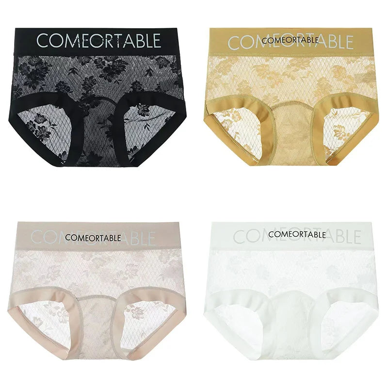 4PCS Women Seamless Panties Transparent Briefs Plus Size Lace Antibacterial Panties