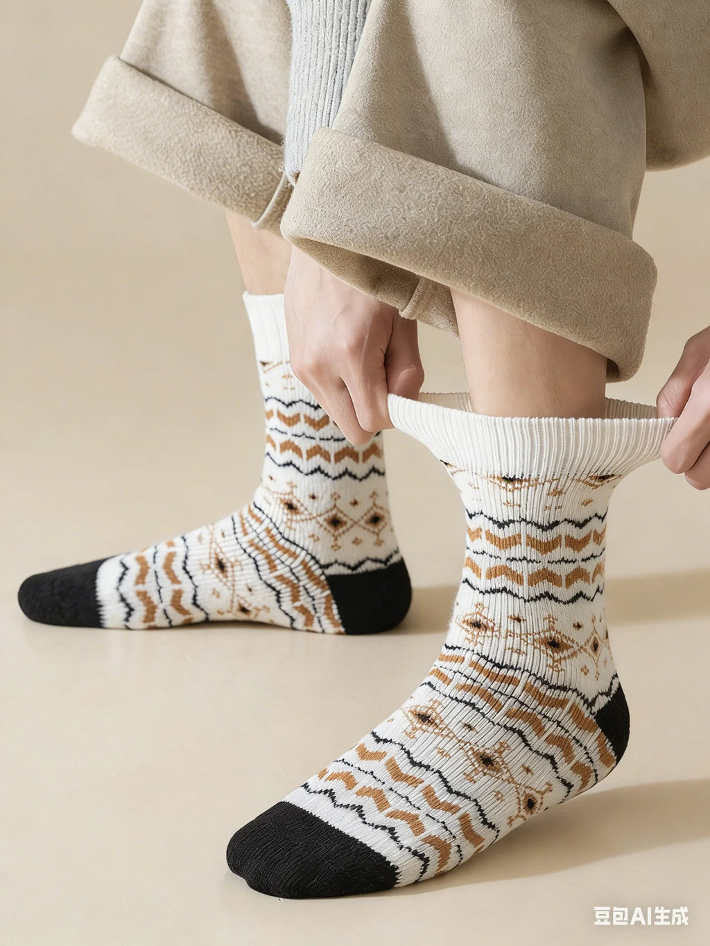 1/5 Pairs Autumn/Winter Retro Pattern Women Round Neck Socks Warm Comfortable Ethnic Style Outdoor Fashionable Casual Socks