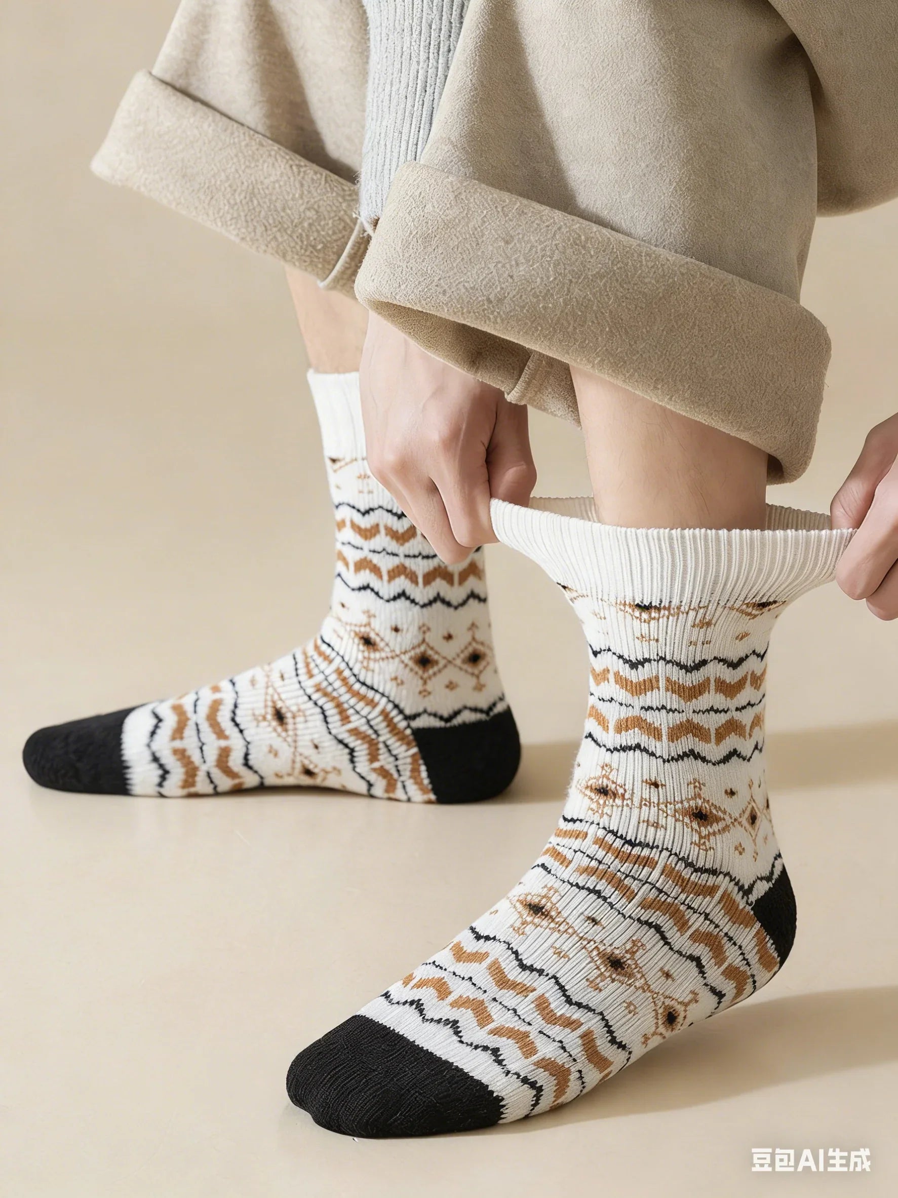1/5 Pairs Autumn/Winter Retro Pattern Women Round Neck Socks Warm Comfortable Ethnic Style Outdoor Fashionable Casual Socks