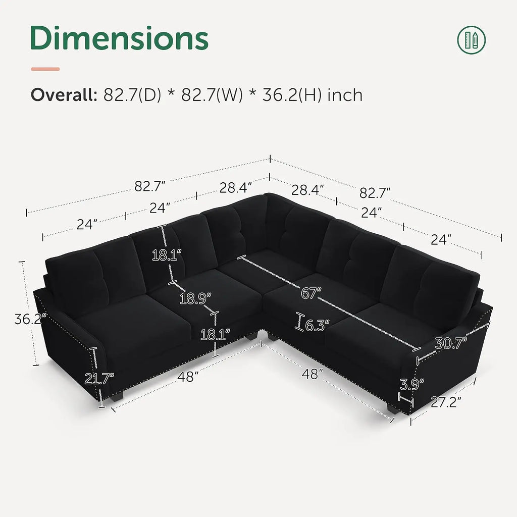 Convertible Sectional Sofa L Shaped Couch,Velvet Black, Custom