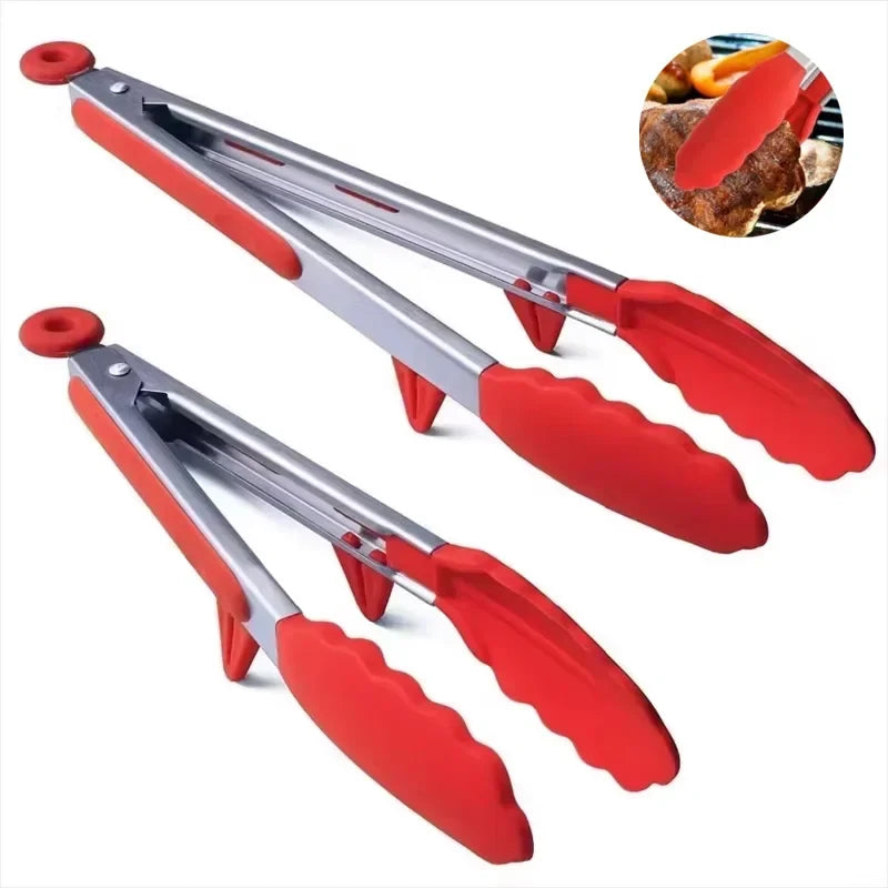 430 Stainless Steel Food Clip Equipped with Heat-resistant Silicone Kitchen Tongs Bbq Barbecue And Steak Frying Tool Holder