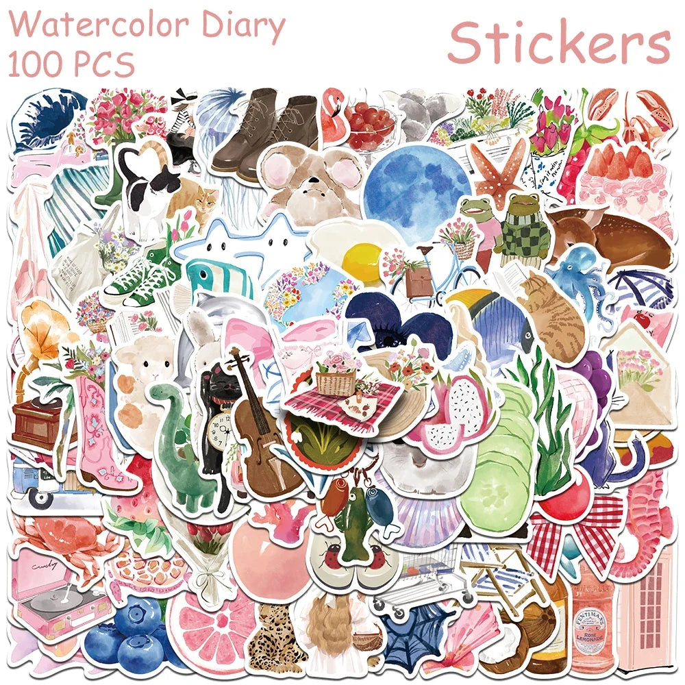 50/100pcs Cartoon Watercolor Dairy Stickers Decals For Phone Laptop Scrapbook Luggage Helmet DIY Graffiti Aesthetic Stickers