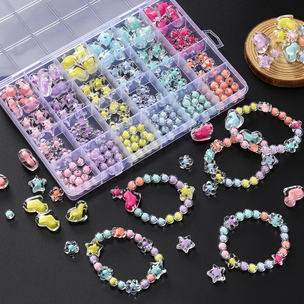24-Grid Acrylic Beads Kit – Heart, Star & Flower Spacer Beads for Bracelets, Keychains & Jewelry Making