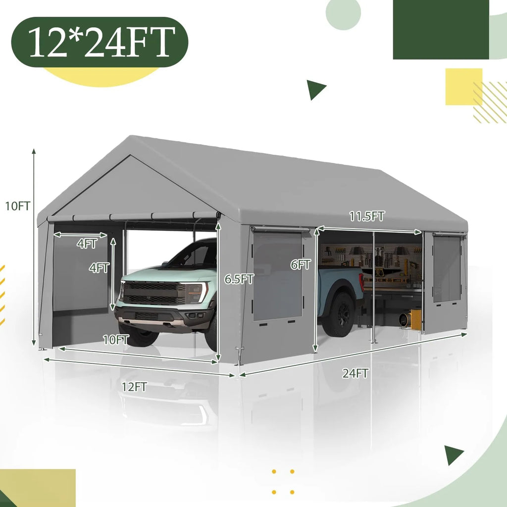 Heavy Duty Carport,Roll-Up Windows,Removable Sidewalls,Portable Garage & Car Canopy,12'x24', Custom