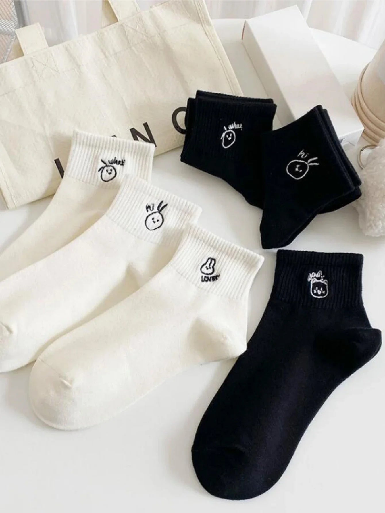 Women's Cute Cartoon Embroidery Ankle Socks Summer Thin Breathable Black White Socks Korean Style Kawaii Crew Socks Streetwear